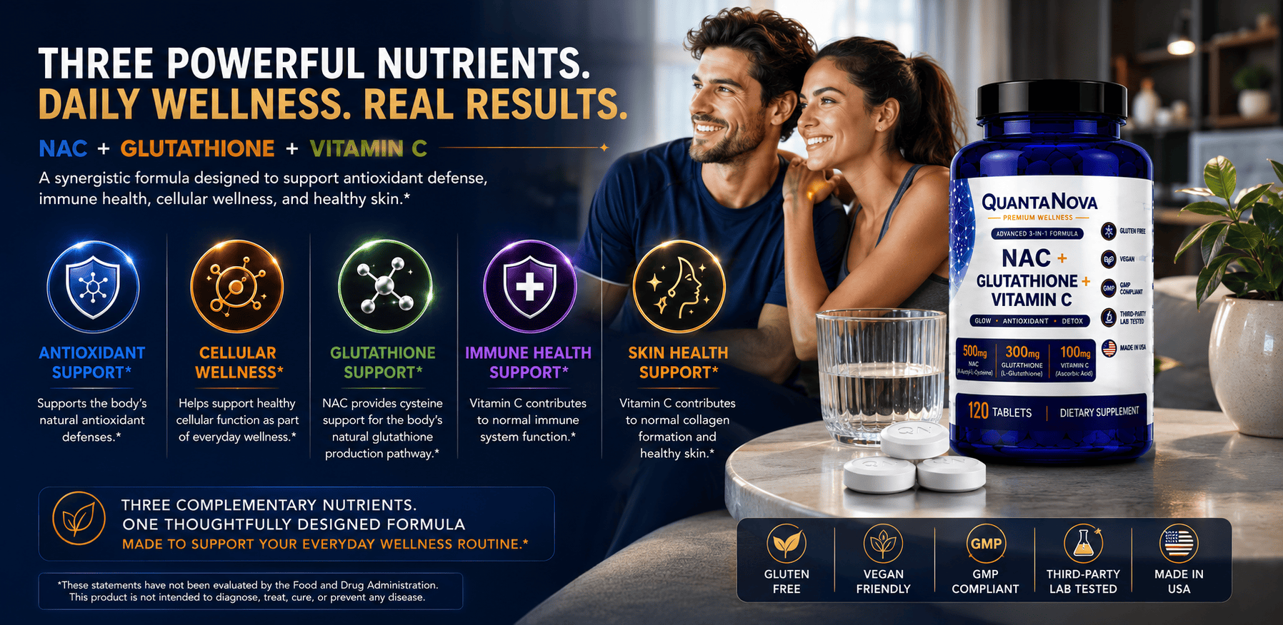 Quantum Innovation Labs NAC supplement bottle with two smiling people in the background emphasizing health benefits.