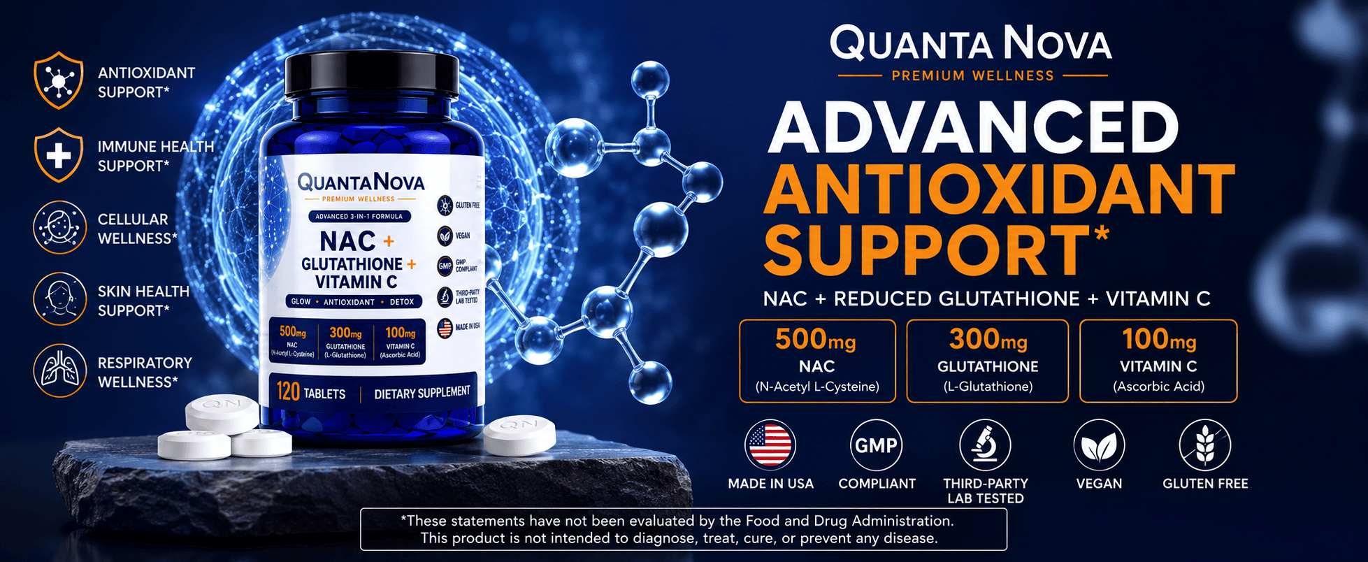 Quantum Innovation Labs NAC 500mg with Glutathione and Vitamin C supplement bottle on a scientific background.