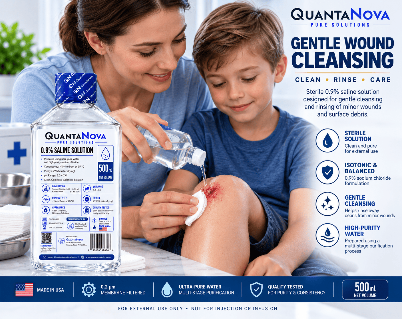 Quanta Nova 0.9% Normal Saline Solution — gentle wound cleansing and external-use application