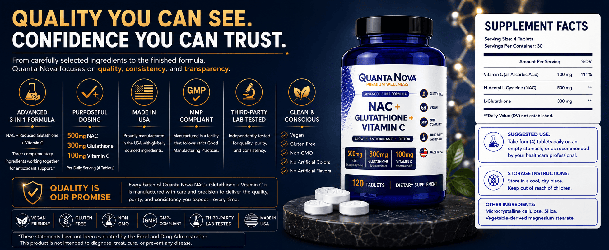 Quantum Innovation Labs NAC, Glutathione, and Vitamin C supplement bottle with label details and dosage information.