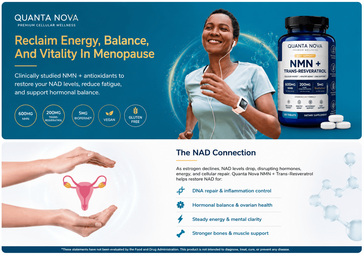 Quanta Nova NMN and Trans-Resveratrol for cellular wellness and menopause support