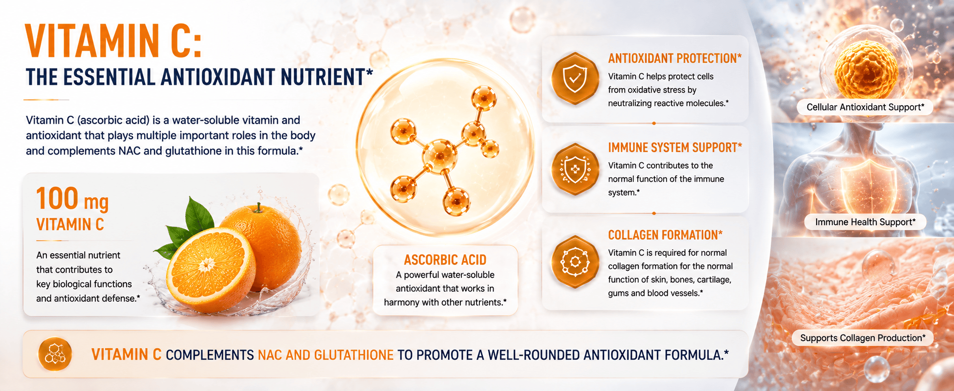 Detailed infographic about Vitamin C as an antioxidant, immune support, collagen formation, and cellular protection from Quantum Innovation Labs.