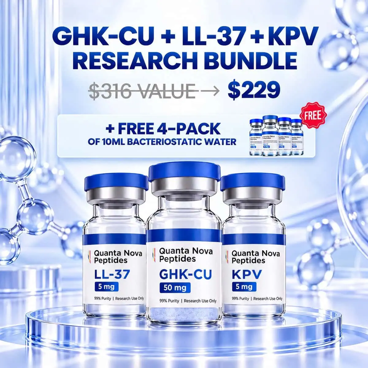 GHK-Cu 50mg X 4 Vials + LL-37 5mg X 4 Vials + KPV 5mg X 4 Vials + Free 4 Pack 10 ml BAC Water