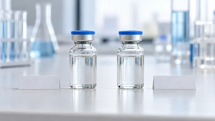 Two identical clear laboratory vials beside blank label cards