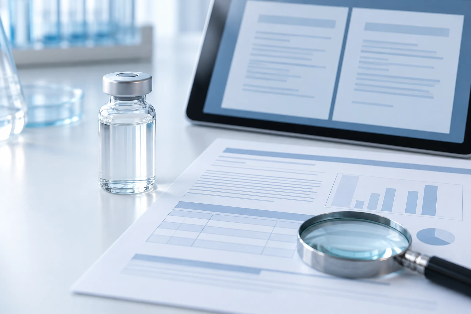 Conceptual research vial beside a laboratory report and magnifying glass