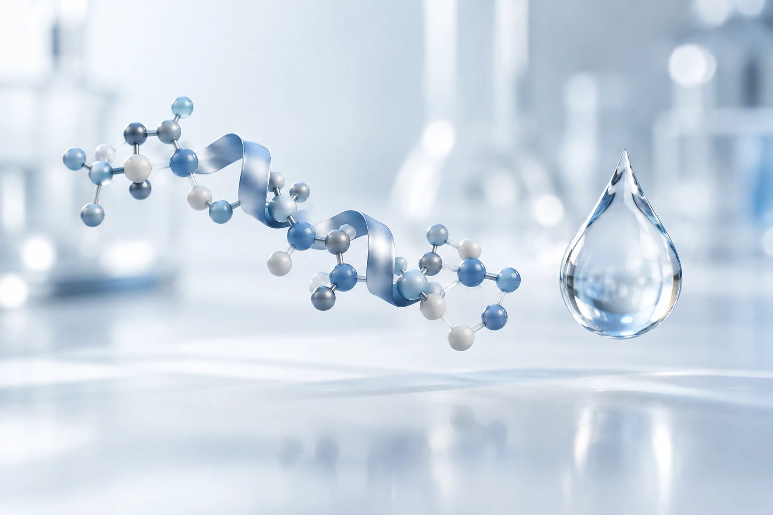 Conceptual peptide-like molecular form beside a water droplet
