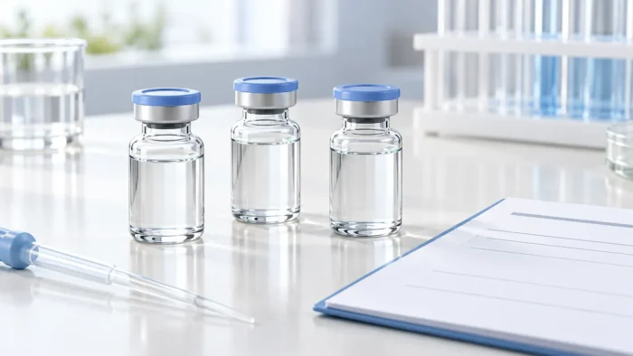 Three capped laboratory vials beside a pipette and formulation document