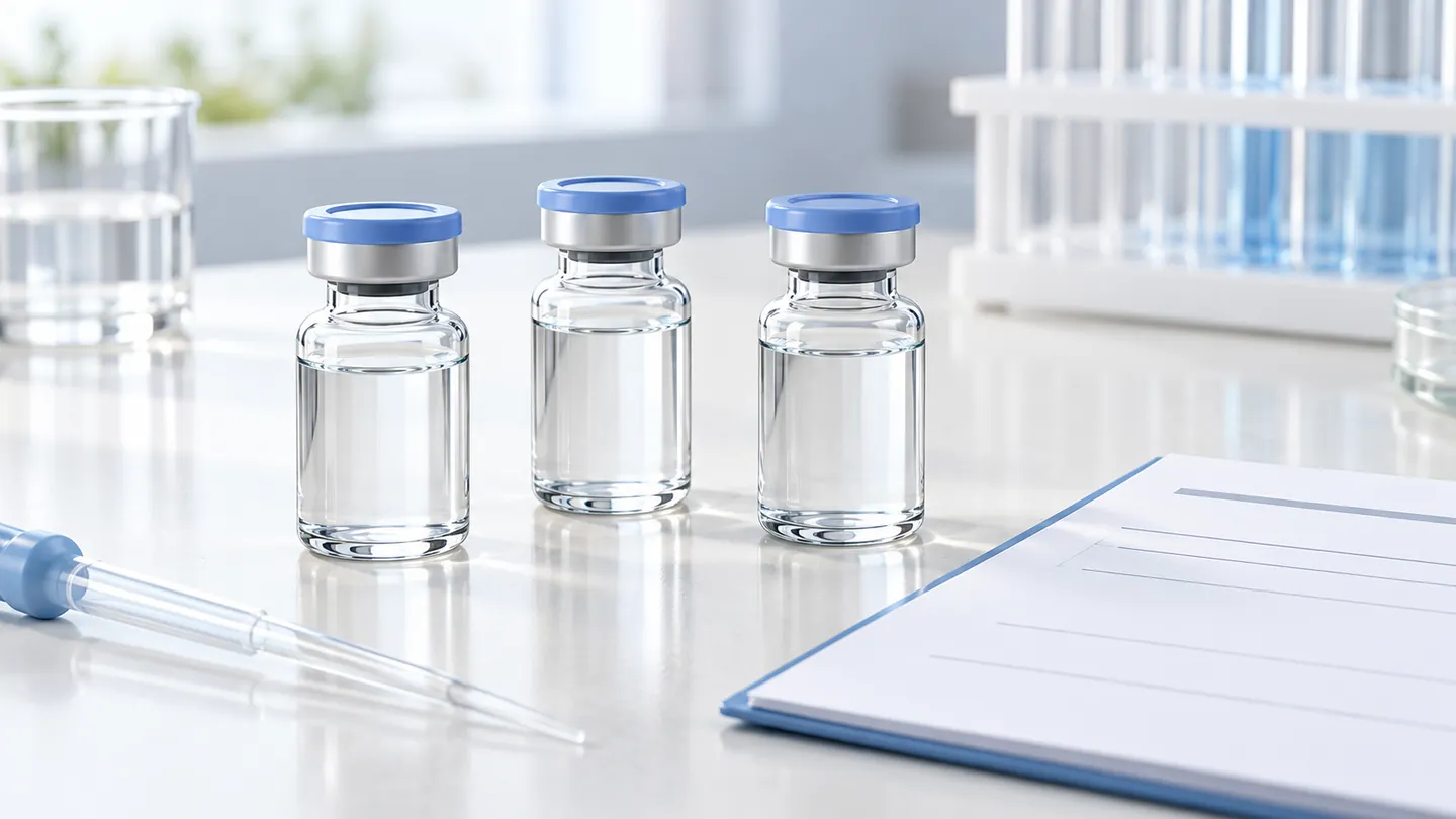 Three capped laboratory vials beside a pipette and formulation document